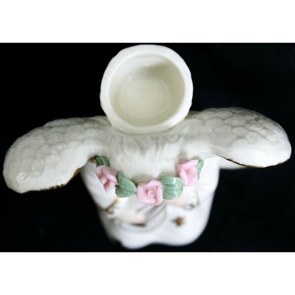 Vtg 80s White Porcelain Ceramic Angel Candle Holder Gold Trim Playing Instrument - Picture 5 of 8